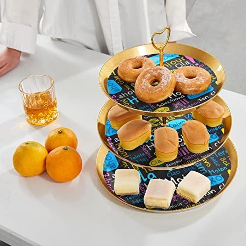 Dragonbtu 3 Cupcake Stand com Rod Gold Rod Plastic Triered Tower Bandey Hello Languages ​​Languages