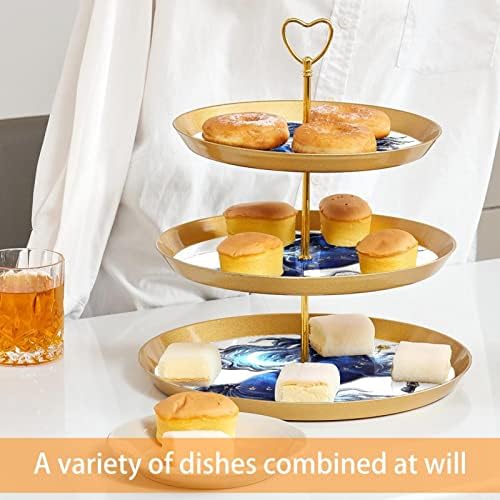 Lyetny 3 Sobessert Stand Stand Gold Cupcake Pastry Stand para festa de chá, casamento e aniversário, unicórnio azul escuro
