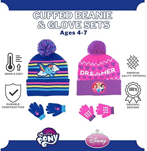 2 pacote, chapéu de inverno para crianças, luvas infantis ou luvas, meu pequeno pônei e princesa baby gorro para meninas 4-7 azul/rosa