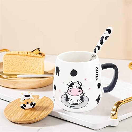 Caneca de café de animal fofo de szhtswu com tampa e colher, copo de café cerâmica de 420 ml de vaca, xícaras de café da manhã, copo de bebida kawaii com alça para café com leite, leite, cereais, bebidas