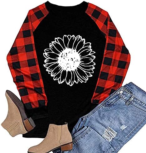 Fashoin Baseball T Camisetas femininas Manga longa Camisa Raglan Christmas Plaid Sunflower Graphic Splicing Top