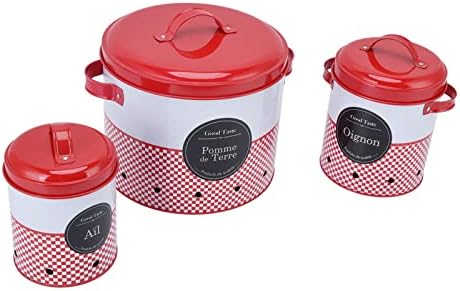 Ushun 3pcs de grande capacidade Red e branco Armazenamento redondo balde de cozinha ovo de alho de alho Armazenamento de balde de balde de balde de recipientes de armazenamento de metal de metal