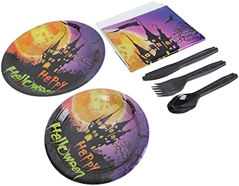 Placas de papel roxo pretyzoom 51pcs Halloween papel alimentos que servem pratos fridenly Forks Spoon Cutter