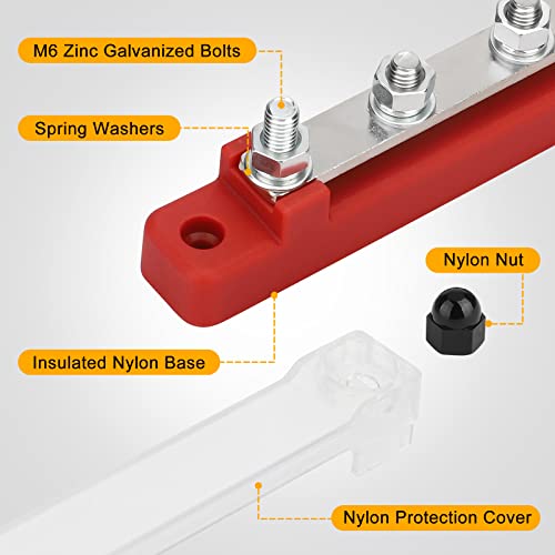 Linkstyle 2 pcs barra de barramento, bloco de distribuição de energia de 12 volts com pregos terminais de 6 x 1/4 com capa, barra de barramento de bateria com terminais de anel para o sistema solar de barramento automotivo de 12V-48V