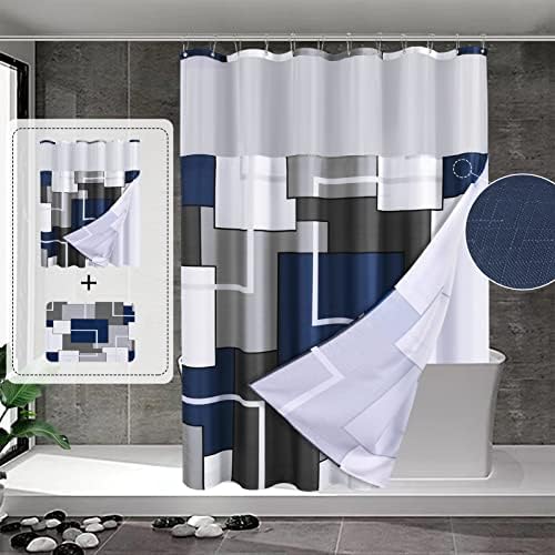 Cortina de chuveiro com conjunto de snap-in para banheiro preto e branco cortinas de chuveiro linho texturizado estilo moderno malha superior cortinas de banho para banheira, 72x72 polegadas, azul marinho