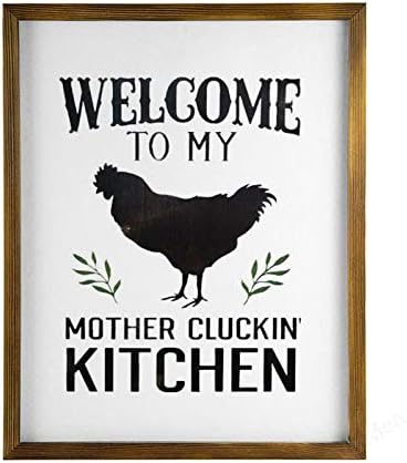 Vinmea Decoração de casa Wood Assinando bem -vindo à minha mãe Cluckin Kitchen emoldurado a madeira, sinal de arte de parede rústica