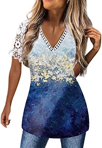 Impressão feminina boho verão v pescoço tops t camisetas cortadas renda de renda curta praia blusas casuais camisetas de camisetas