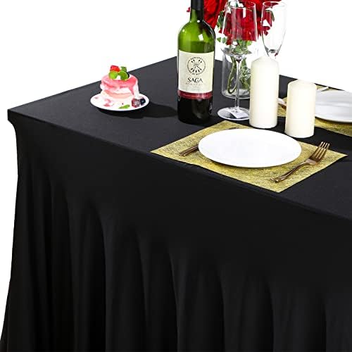 Saias de mesa de spandex pretas para mesas retangulares, tampas de mesa com saias resistentes a comprimidos de comprimidos de babados resistentes a formas de trabalho para banquete de casamento