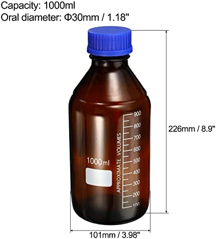 Garrafa de mídia de reagente Patikil 1000ml, 2pcs redondo tampa de parafuso azul de armazenamento de vidro graduado para o laboratório de química Home, âmbar