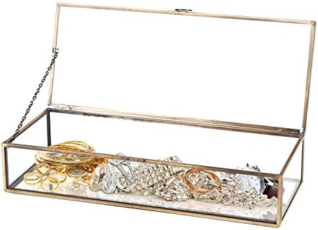 Caixa de jóias de vidro de mygift, metal de latão de estilo vintage e estampa de jóias de jóias de caixa espelhada de vidro transparente