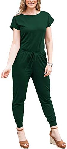 Doubcq feminino casual manga curta macacão elástico macacão de cintura com bolsos