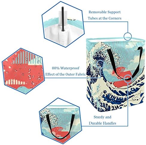 Oceano tempestuoso de lavanderia independente com ondas grandes, modernas roupas de design de arte retro cestam cestas grandes com alças para brinquedos para roupas de armazenamento no banheiro do quarto