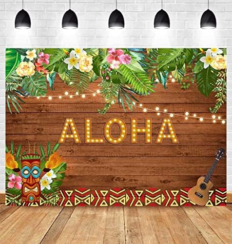FanGhui 7x5ft Aloha Party Faculdade de fundo de verão Hawaiian Luau Flores de madeira escultura floral decoração de bancada de bandeira