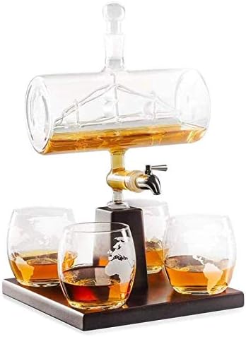 Decanter de uísque com copos - 1100 ml de barrel whisky jarrofe decantador de álcool, com 4 copos de uísque, para decanter com conhaque