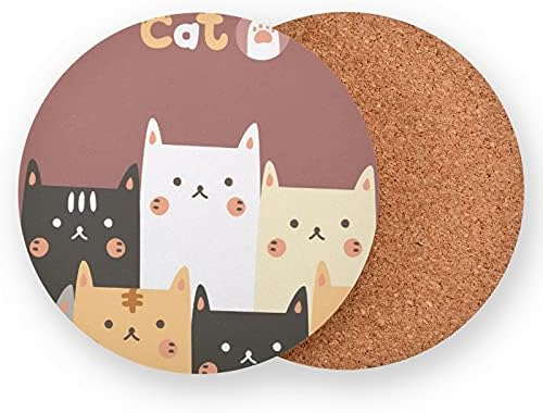 Coasters de cortiça para bebidas Conjunto de 4 - Cute Cat Round Cup Pad absorvente, presentes de inauguração de casa para