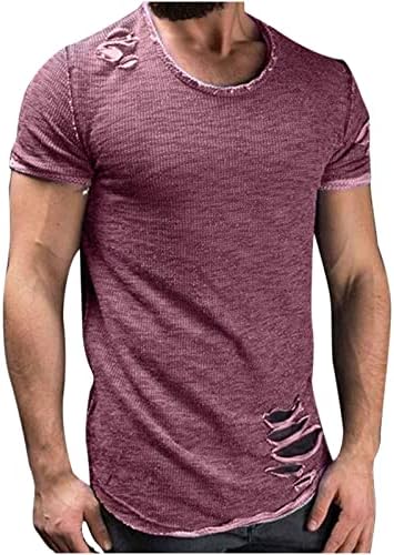 Camiseta de cor sólida masculina fit slim fit casual angustiado rasgado camise