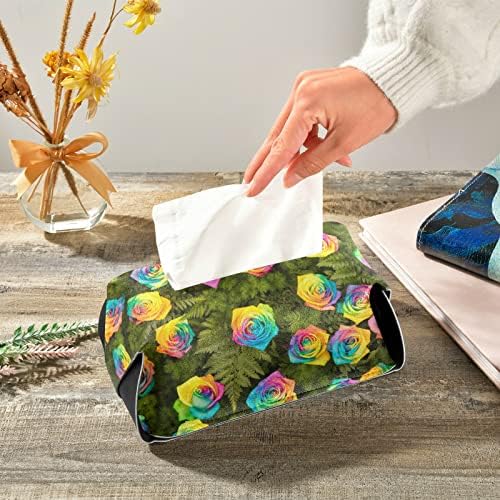 Rosas de arco -íris folhas capa de tecido de caixa de tecidos de couro retangular para caixa de papel com alça de tecido