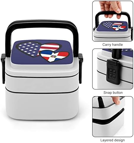 Intertravando Hearts USA Dominican Republic Flag Dupla Camada Bento Box Recipientes de refeição com alça portátil para trabalho de