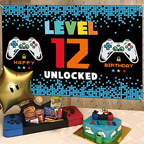 4 x 6ft feliz 12º aniversário de videogames decorações de festa Banner Blue e Black - Nível 12 Desbloqueado Booth