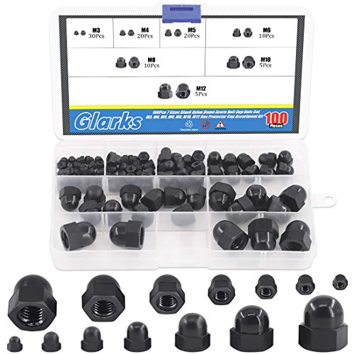 Glarks 100pcs 7 tamanhos de bolota de bolota de nylon preto Conjunto de porcas de xícara de xícara de parafuso, M3, M4, M5, M6, M8, M10, M12 Kit de Capt.