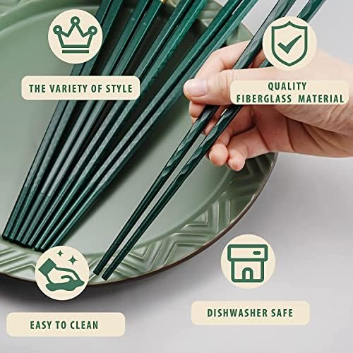 5 pares de pauzinhos de fibra de vidro, lava-louças de palhaços coreanos japoneses chineses, 9,6in/24,3 cm Anti-deslizamento Chop Sticks para casa/hotel/restaurante, Hair Chop Sticks Gift, Darkgreen