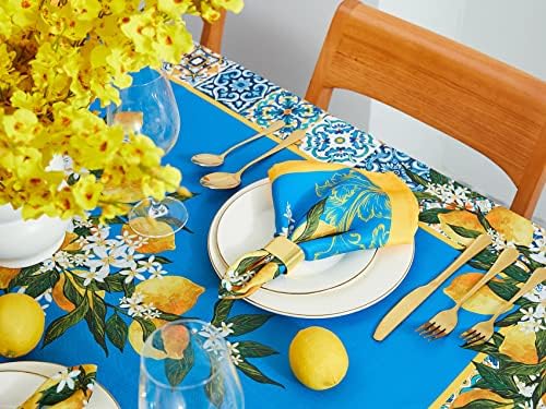 Provence Blue Lemon Lemon Mediterrâneo Toleta de mesa - toalha de mesa sem rugas para decorações de verão da primavera, piqueniques e festas - Retângulo de interior externo, mancha e água, retângulo de 60 x 102 polegadas