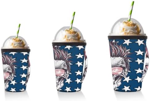 Caveira A bandeira dos EUA Manga de café gelada reutilizável com manga de xícara de neoprene para refrigerante, café com leite, chá, bebidas, cerveja