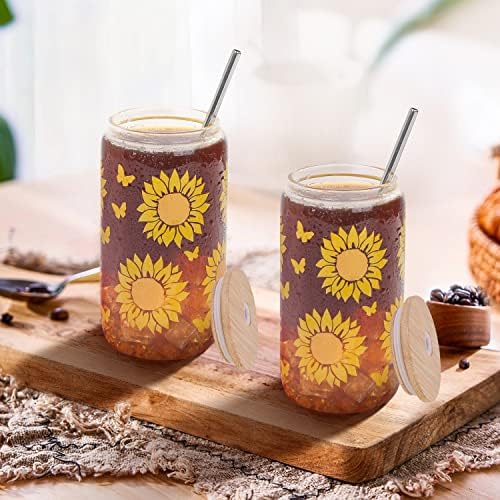 Coffee de café gelado de girassol com tampas de bambu e palha de 2pcs, presentes inspiradores de girassol para mulheres, bebendo copo de cerveja em forma de cerveja, presentes de aniversário da margarida do sol para mamãe, melhor amiga, esposa