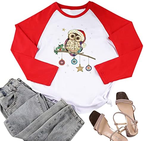 Impressão de Natal feminina Manga longa Manga raglan colorblock Tshirt Top poliéster Blend Camisetas Mulheres