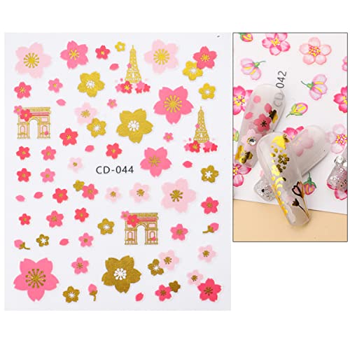 6 lençóis adesivos de arte de flor de flor decalques, suprimentos de unhas 3D Decalques de unhas auto-adesivas Spring Cherry