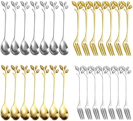 28 PCS Conjuntos de talheres de 14 PCs colher de café de aço inoxidável, 14 PCs Fruit Forks Forks de sobremesas, colheres