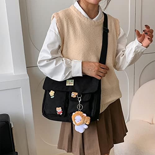 Bolsa de lona crossbody com pinos kawaii e pendente para mulheres meninas bolsa de mensagens de ombro casual para estudantes