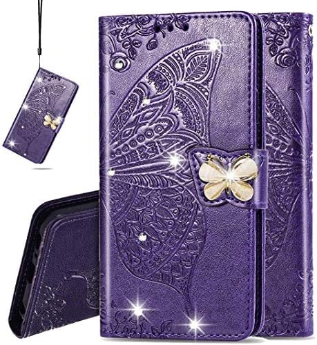 Caso de borboleta de diamante MEIKONST PARA iPhone 12, elegante e elegante Coloque de couro Magnético da Carteira de Bling