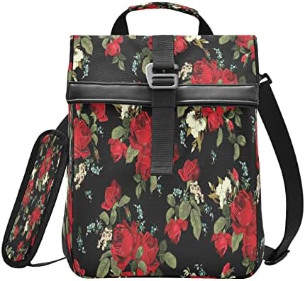 Lancheira de alaza para mulheres isoladas, flores florais rosas vermelhas lancheiras reutilizáveis ​​com alça de alça de ombro bolsa de bolsa de cooler para trabalho de viagem piquenique