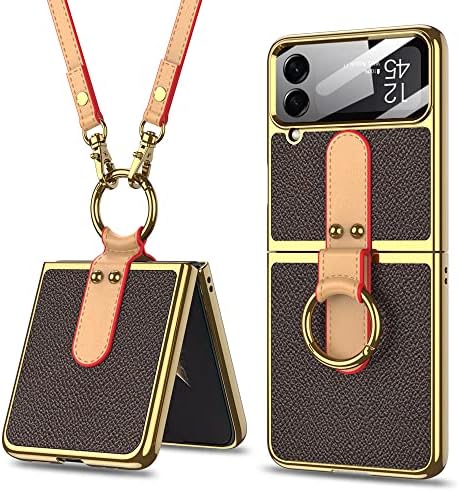 Para Z Flip4 5G 2022 Caixa com cordão de anel Strap Crossbody Crossbody Luxury Electroplated Couather Cover Compatível com Samsung