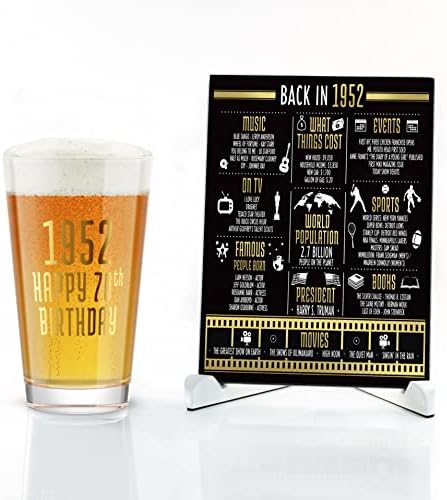 Greenline Goods Feliz Aniversário Beer Pint Glass & 1952 Birthday Year Facts Plact com suporte incluído - 70º aniversário para homens e mulheres - Cheers a 70 anos! Letras douradas