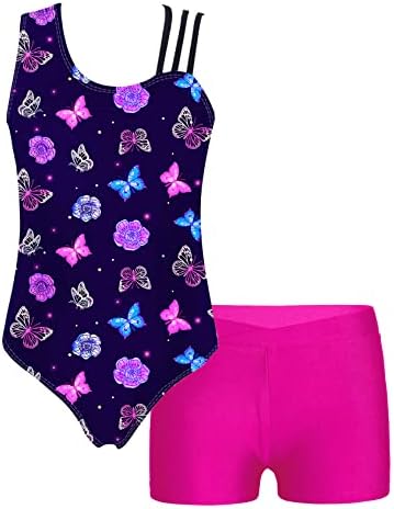 Yihuimin Girls 2 PCs Darfam Floral Crisscross Back Ballet Leotard com bikeard atlético de shorts de booty