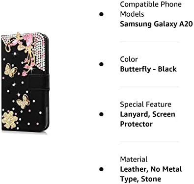 Fairy Art Crystal Cartlet Caixa de telefone Compatível com Samsung Galaxy A20 - Butterfly - Black - 3D Tampa de couro de brilho brilhante com tela com protetor de tela e colapso do pescoço