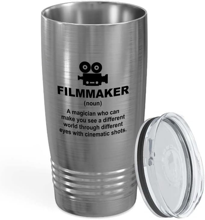 Filmmaker Silver Tumbler 20oz - Com fotos cinematográficas - Filmmaker Gifts Camera Lens Cut Prop Diretor ScriptWriter de filme