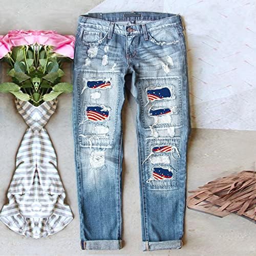 Miashui tamanho 20 calças mulheres jeans jeans Independence Print calça rasgada roupas femininas