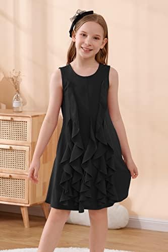 Gorlya Girls sem mangas Drape Ruffle Trim Trim Cocktail Party Chic A-Line Midi Dress com bolsos para 4-14T