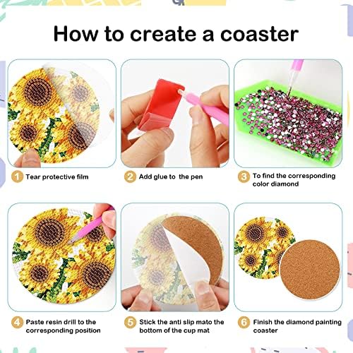 8 PCs Girassol Diamond Art Painting Coasters Kits com titular Diy Sunflower Diamond Art Coaster Non Slip