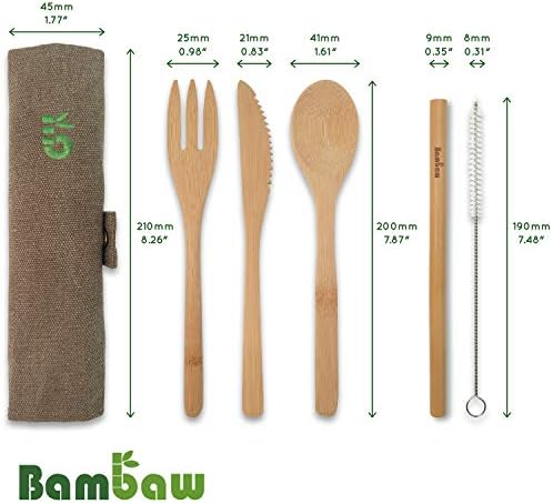 Conjunto de talheres de bambu | Conjunto de talheres de viagem | Conjunto de talheres ecológicos | Faca, garfo, colher e palha | Conjunto de talheres de madeira | Contos de acampamento com bolsa de viagem | 7,9 polegadas | Azeitona | Bambaw
