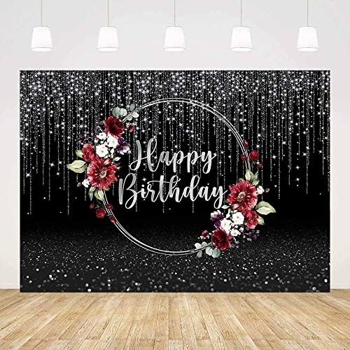 Aibiin 7x5ft Black Silver Birthday Birthday para mulheres Feliz Aniversário Featografia Antecedentes Prata Glitter Birthday