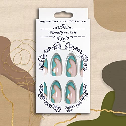 Pressione as unhas de unhas médias unhas falsas nuas nuas com ondas verdes design bastão brilhante em unhas para mulheres