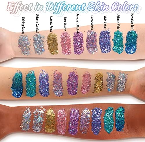 Boko 1,76 oz Gel com glitter, lenças holográficas de loção de glitter líquido verde líquido para cabelos e maquiagem corporal, roupas