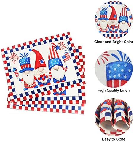 4 de julho Placemats Conjunto de 6, Gnomos patrióticos americanos EUA bandeira Placemat, Linen de algodão não deslizante tapetes