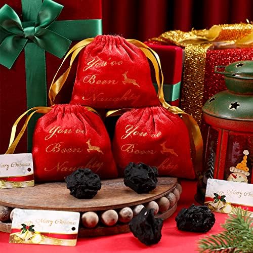 6 PCs Você foi maluco com um pedaço de bolsa de carvão para carvão de Natal Velvet Bag de Santa Gag Presente com Tag para