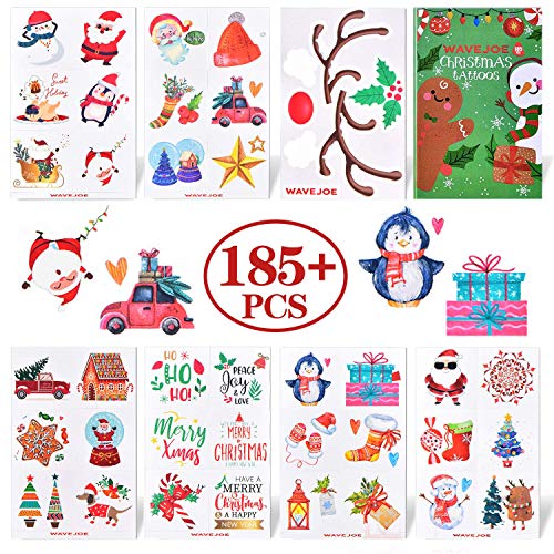 Wavejoe 185+PCs Christmas Tattoos temporários para crianças com estocagem, estilo de aquarela Decalques de férias de natal