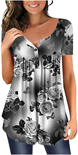 Qtocio women túmulos de túnica camisas de manga curta v pescoço henley blusas floral henley tshirt tendência